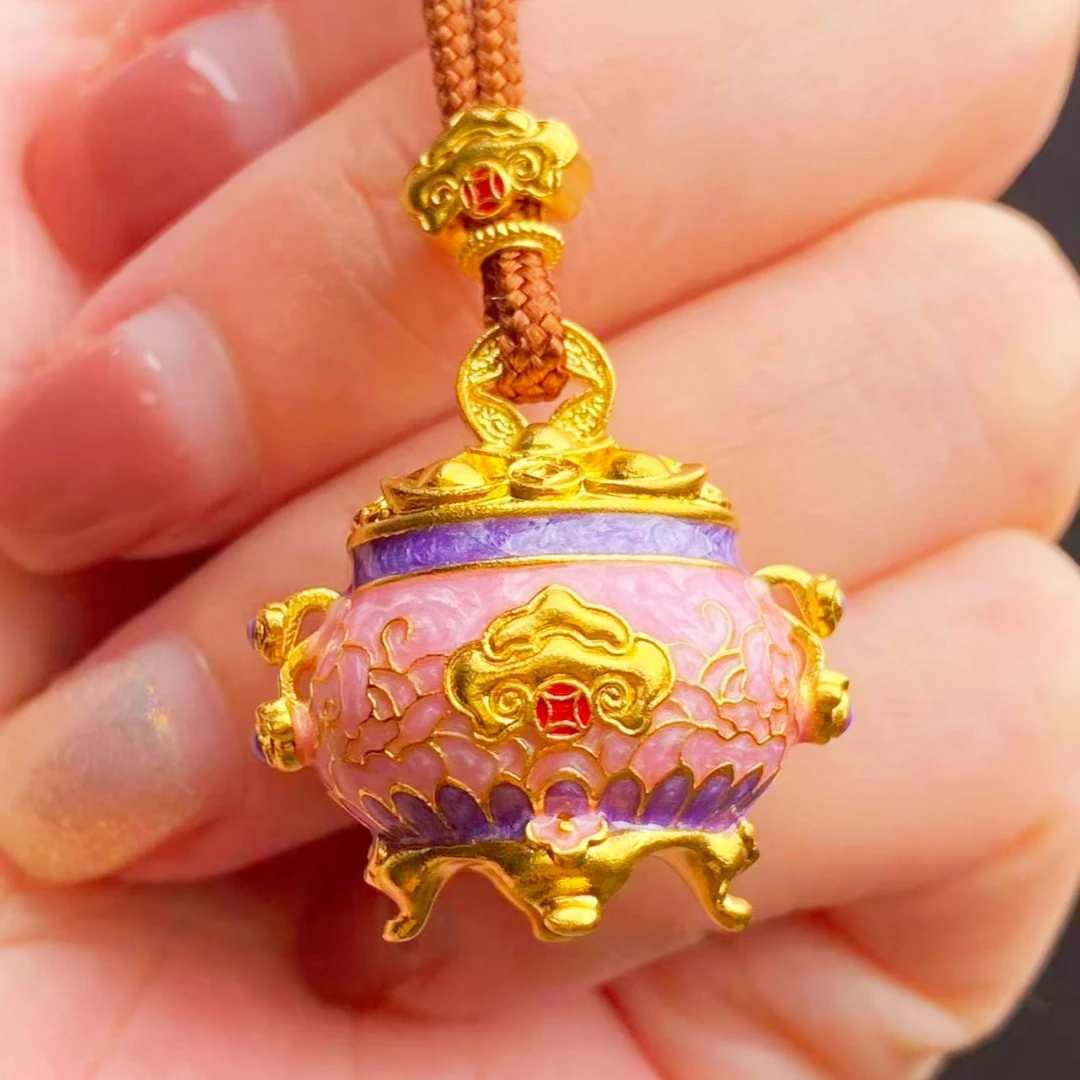 足金聚宝盆摆件送绳烧蓝真金精美礼物紫韵流彩