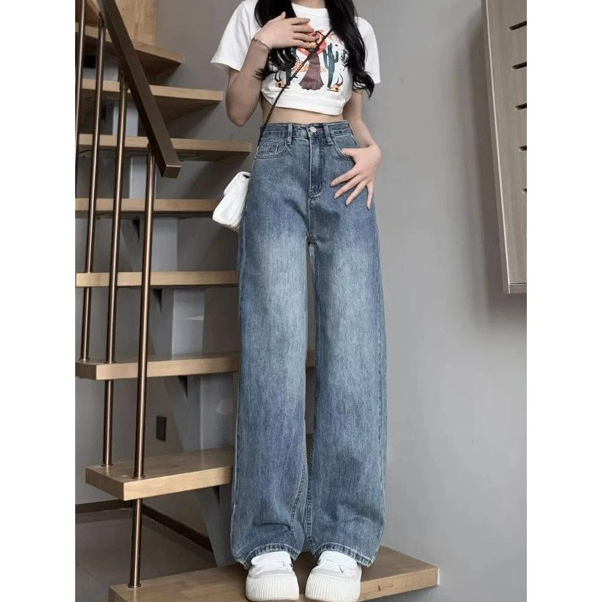 阔腿牛仔裤女2025年新款小个子宽松垂感拖地高腰直筒裤子拖地秋季