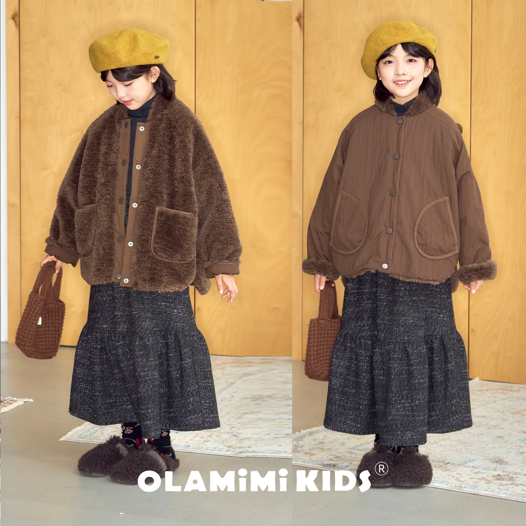 OLAMIMI儿童亲子2025冬榛果棕双面穿立体肌理纹仿羔毛保暖毛外套