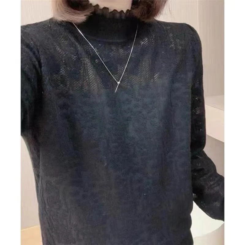 半高领长袖针织打底衫女春秋大码胖mm高级感蕾丝花边提花上衣