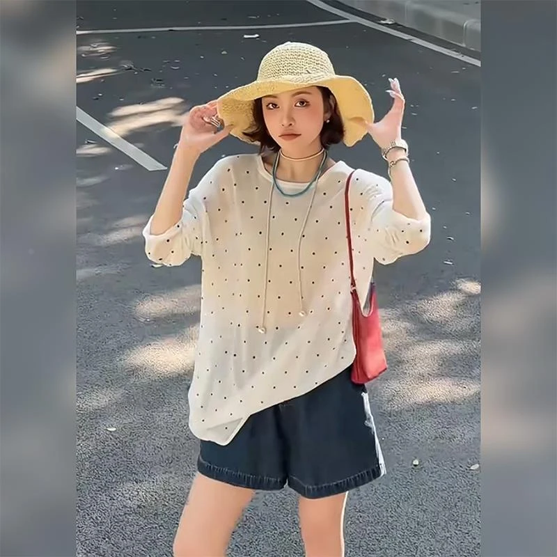 纯欲风微透波点防晒长袖t恤女夏季宽松薄款罩衫洋气别致绝美上衣
