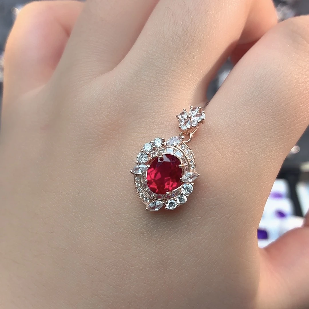 吊坠925银培育鸽血红色宝石