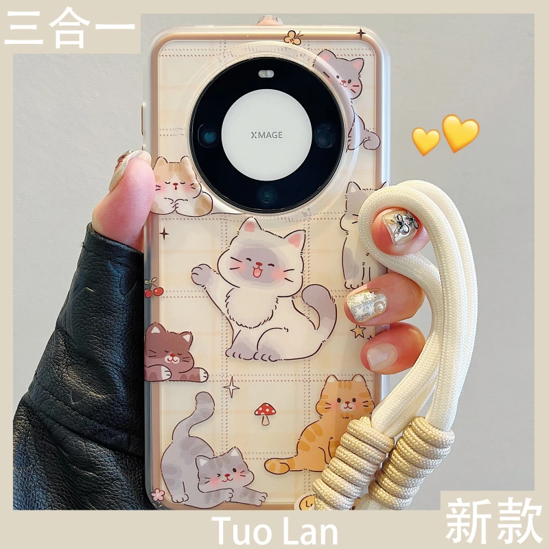 适用华为mate60pro手机壳超萌格纹猫咪卡其色mate70pro二合一女款
