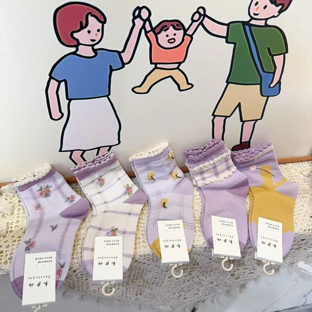 （10双包邮）紫色花朵图案女童儿童袜子