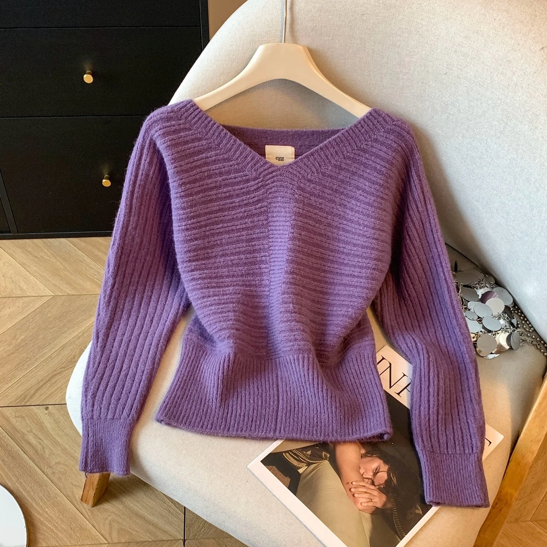 miu韩系穿搭v领时尚毛衣女秋冬软糯马海毛长袖针织衫慵懒别致上衣