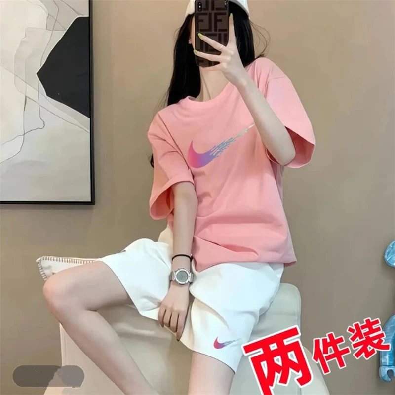 奥特莱斯官方正品夏季套装情侣运动短裤两件ins短袖t恤女宽松显瘦