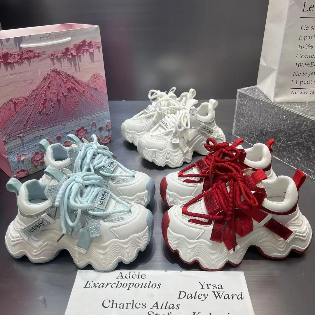 【叶】【镂空透气】厚底老爹鞋女2025新款带钻增高透气网面波浪底休闲