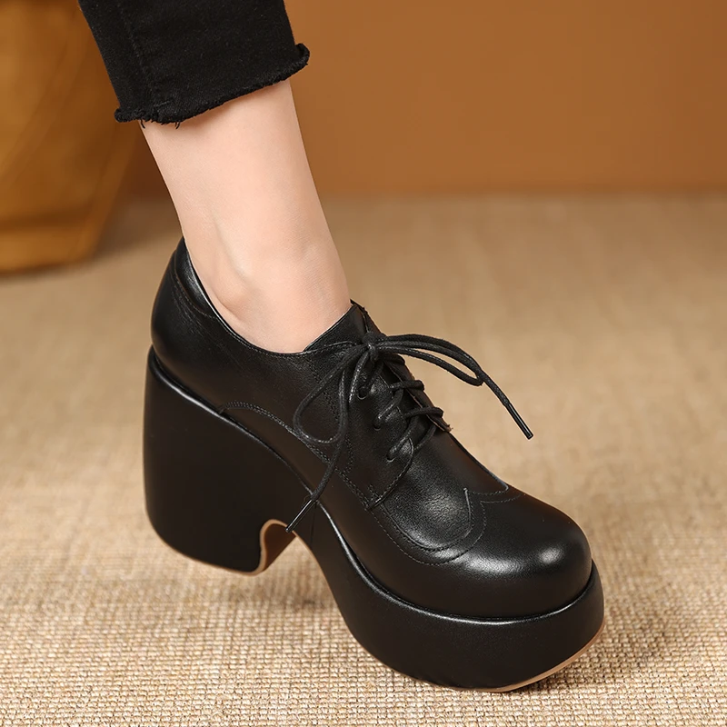 小个子增高女鞋10cm超高跟牛皮单鞋通勤不累脚松糕厚底系带小皮鞋