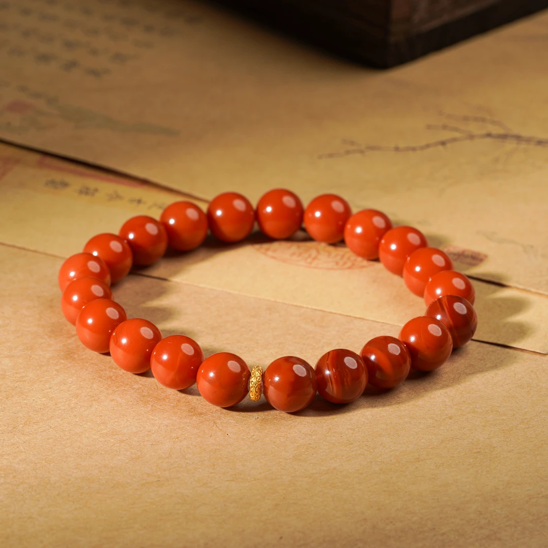 【18K】南红火焰纹素串单圈手串9MM圆珠文玩好物Q5