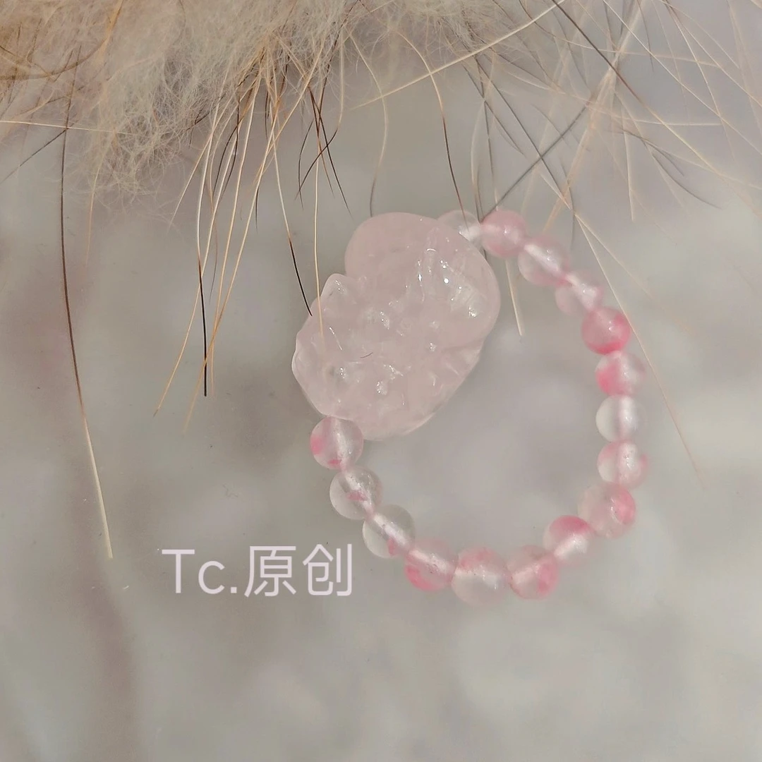 天然水晶貔貅串珠戒指蔷薇石樱花雨白水晶黄水晶粉水晶招财