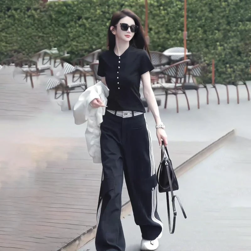 欧货夏季短袖运动套装女2025新款韩版宽松高级感工装阔腿裤两件套