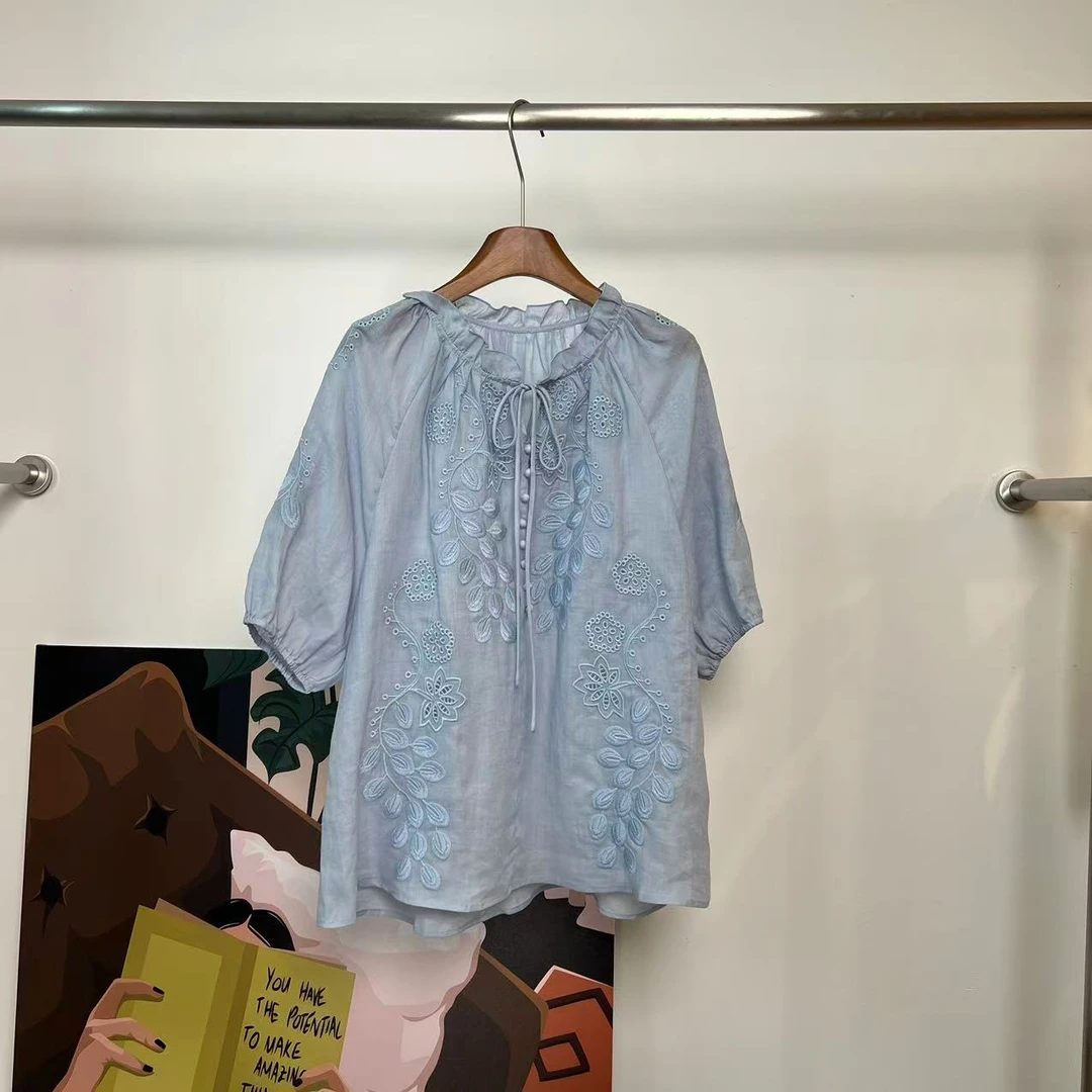 ZIZAI 湛蓝 夏季法式优雅重工定位刺绣落肩衬衫05292