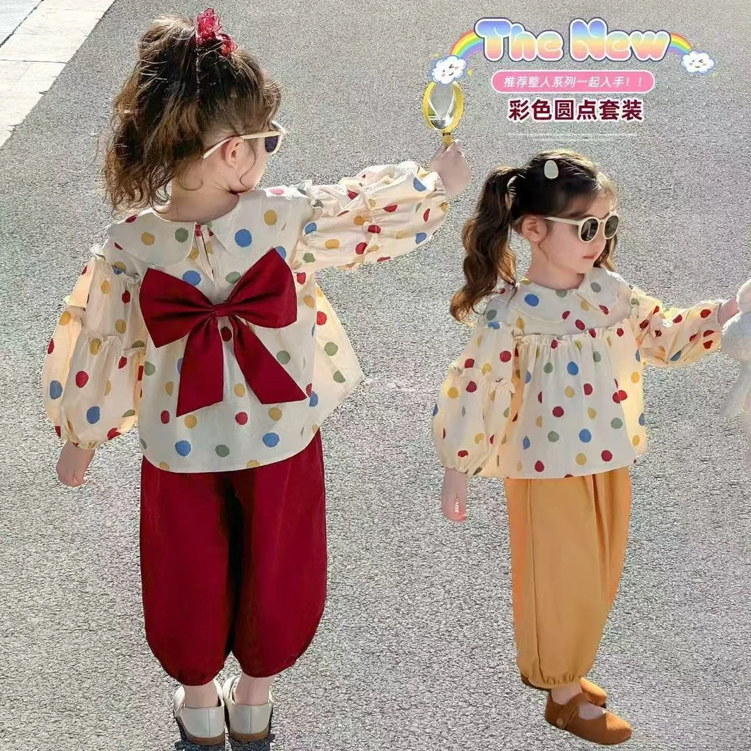 【秋季新品】女童韩版套装女宝宝蝴蝶结长袖时髦秋装洋气两件套圆点