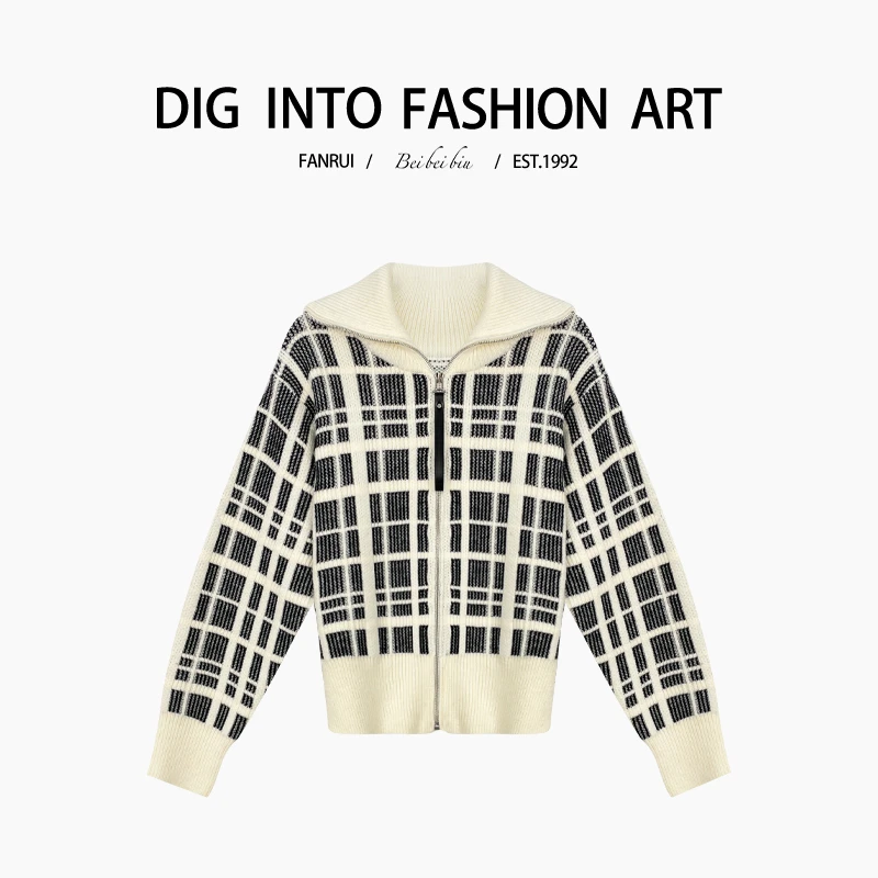 FANRUI/泛芮「格格吉祥 」翻领设计感洋气百搭格纹针织外套B13946