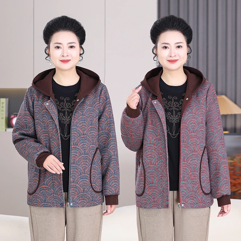 大码妈妈装秋季新款休闲连帽拉链外套中老年加肥加大夹克宽松2567