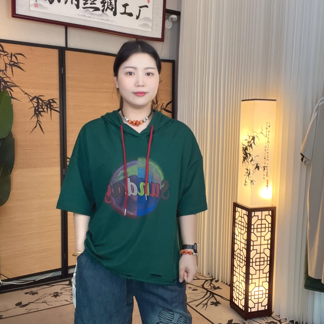 17098夏季新款印花短袖T恤中年女休闲连帽上衣时尚通勤宽松带帽
