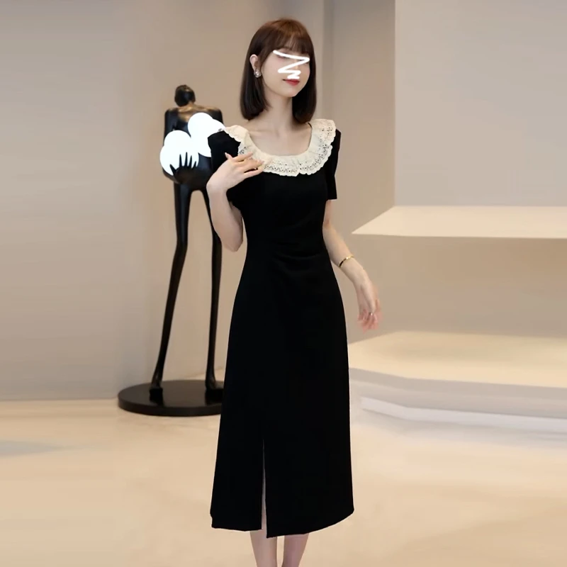 2547赫本风黑色蕾丝连衣裙子女夏季2025新款设计感小众收腰长裙