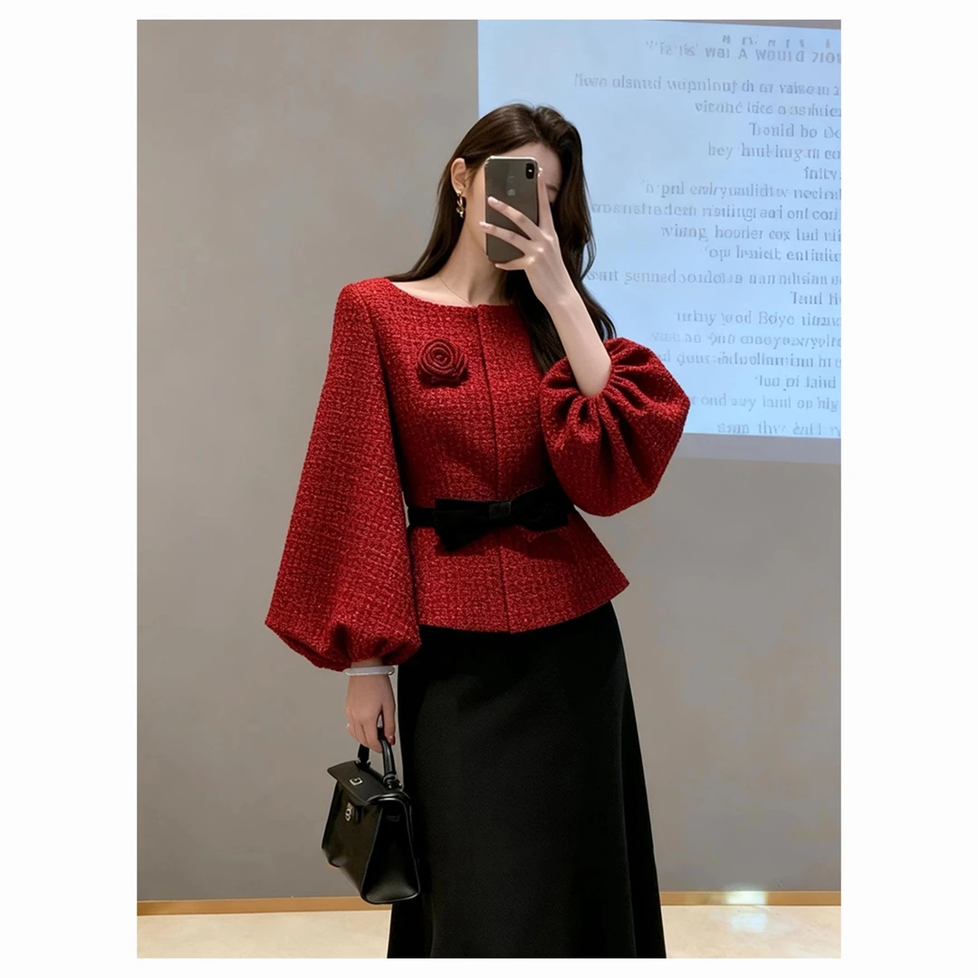 圣诞新年红色小香风外套套装女2025新款冬名媛气质高端气质两件套