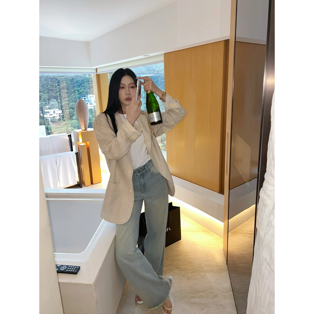 70不是七十【半岛日记】春夏亚麻肌理感长袖口袋款西装外套