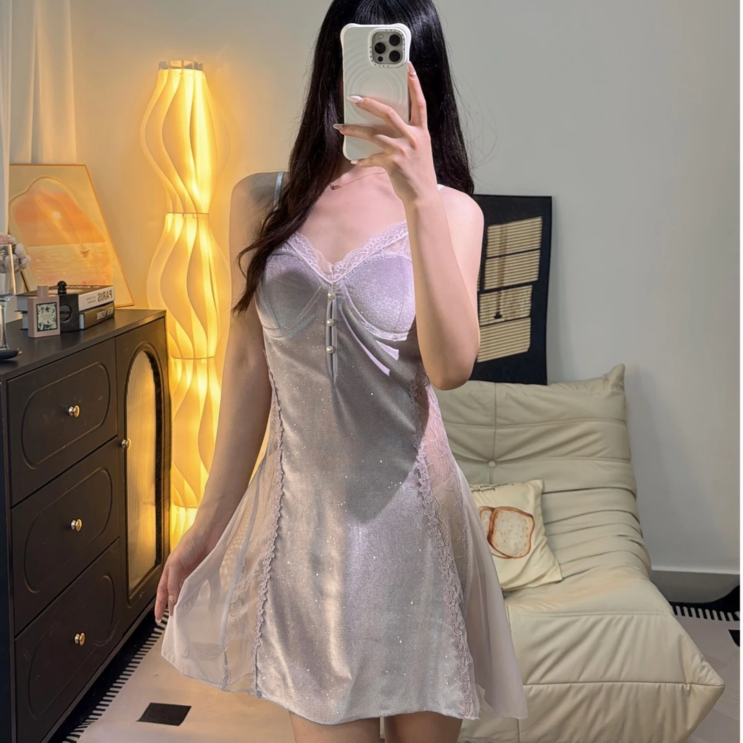 性感深V加胸垫丝绒拼纱甜美飞袖吊带睡裙外袍家居服小胸仙女风