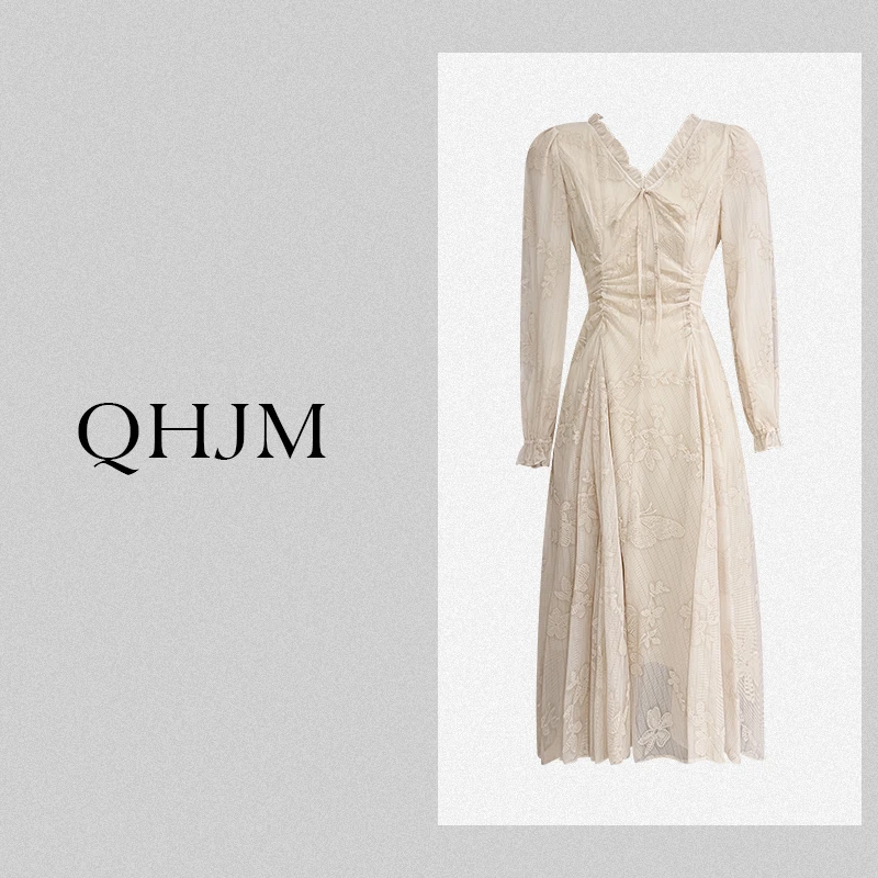 2025春季美拉德V领复古气质长裙茶歇法式高级感显瘦连衣裙