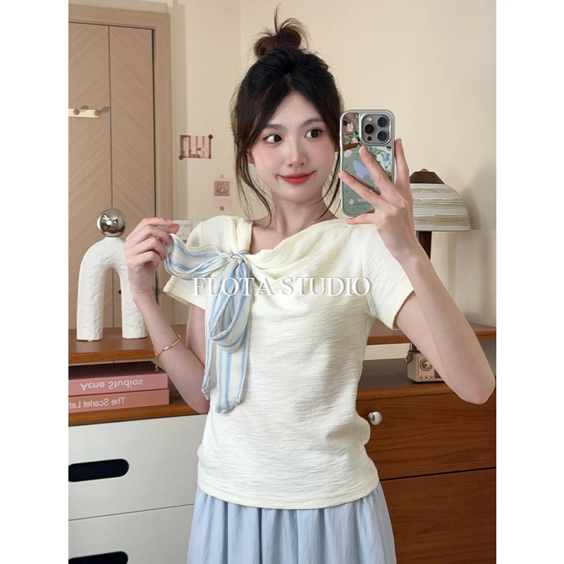 【flota】温柔气质风绑带蝴蝶结不规则斜领短袖正肩显瘦上衣女1819