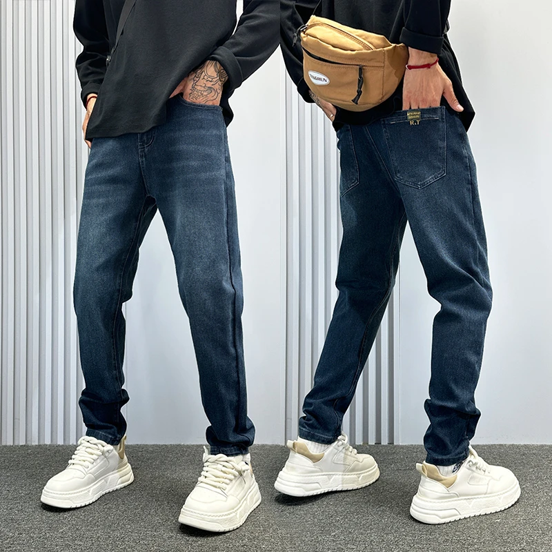 高级感复古蓝色直筒修身小脚牛仔裤男款秋冬季痞帅潮牌显瘦男裤子