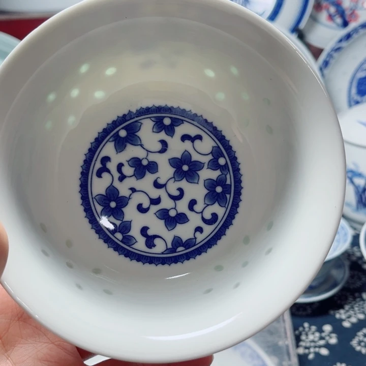 青花玲珑5寸饭碗紫荆花无花