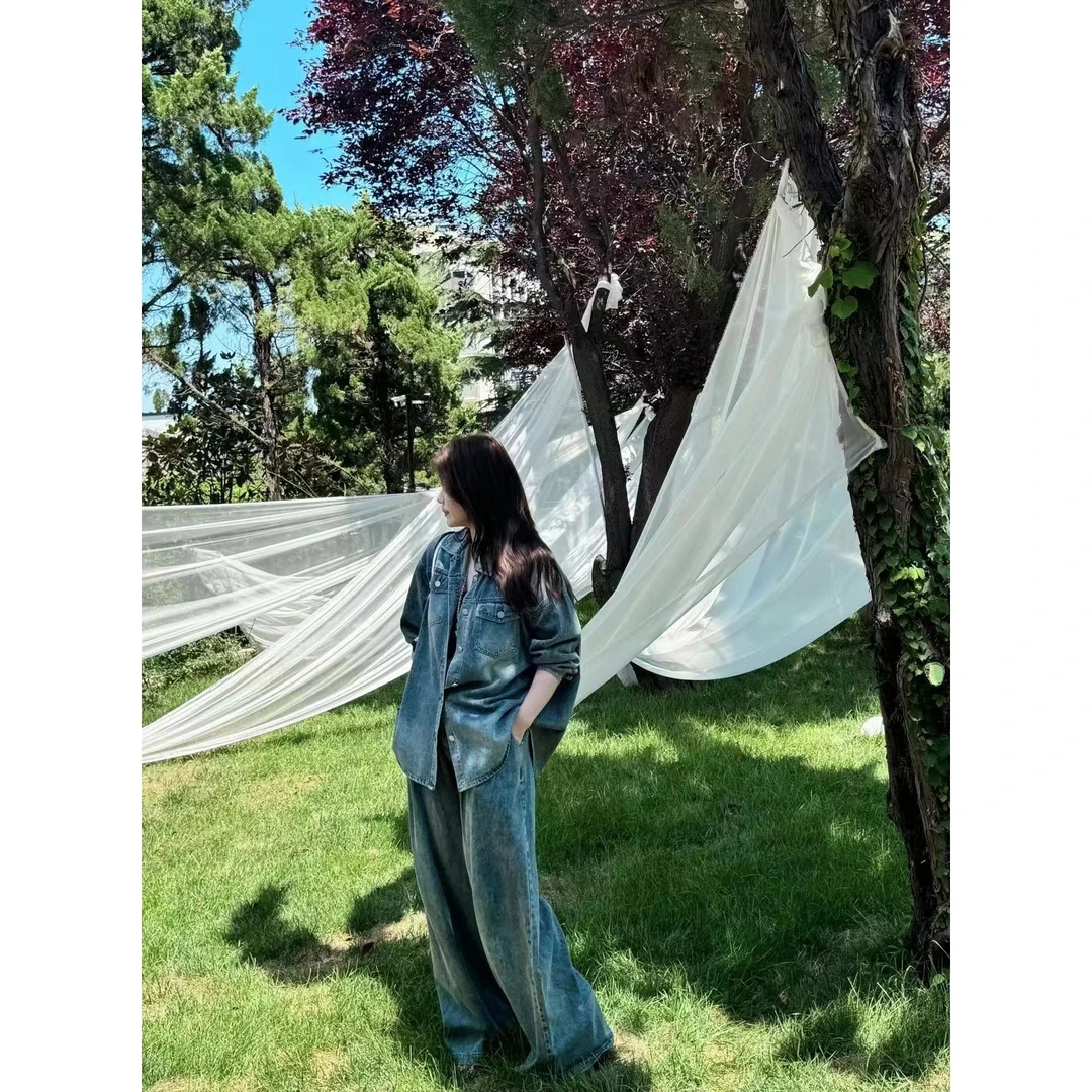 蕾蕾【威尔士-外套】复古设计水洗大口袋翻领长袖牛仔衬衫外套