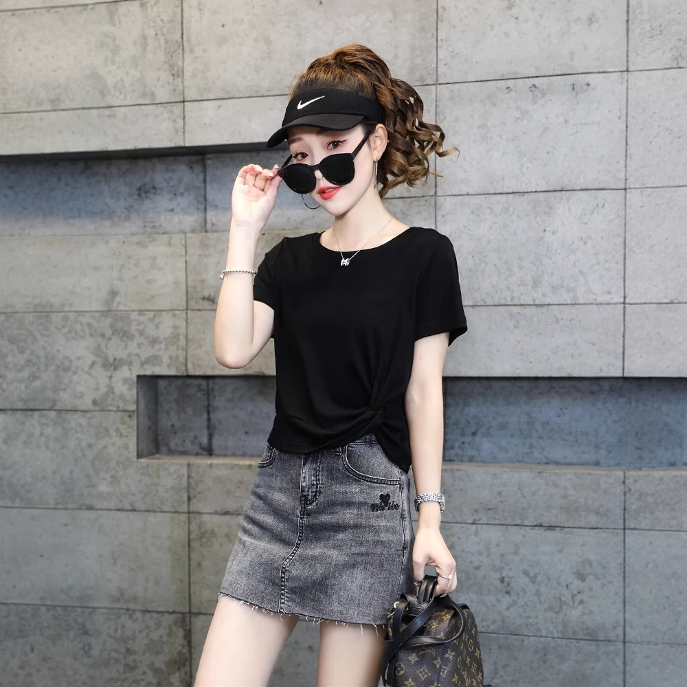 拉夏贝尔短袖T恤女装2025夏季新款短款修身不规则褶皱设计感上衣