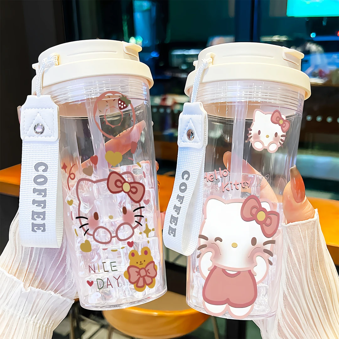可爱凯蒂夏季大容量水杯新款运动便携男女学生塑料防摔双饮杯子