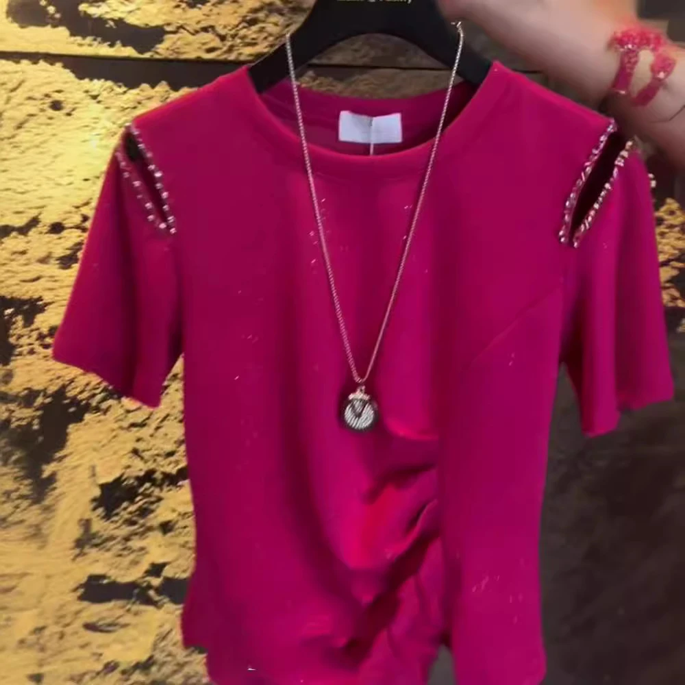 法式别致甜辣很仙上衣高级感小个子洋气时尚减龄玫红色短袖T恤女