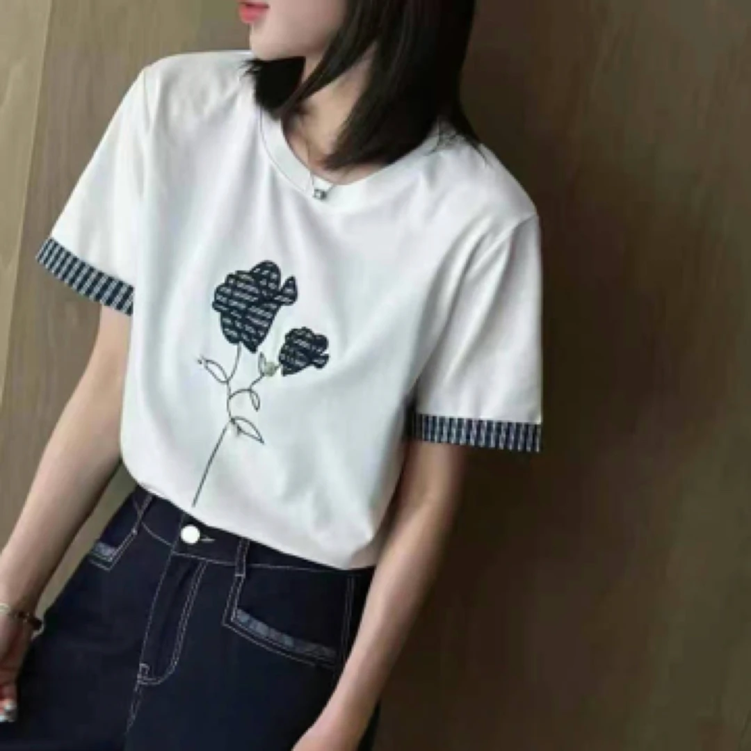 2025夏季新款贴布绣格子相拼韩版宽松显瘦T恤百搭上衣