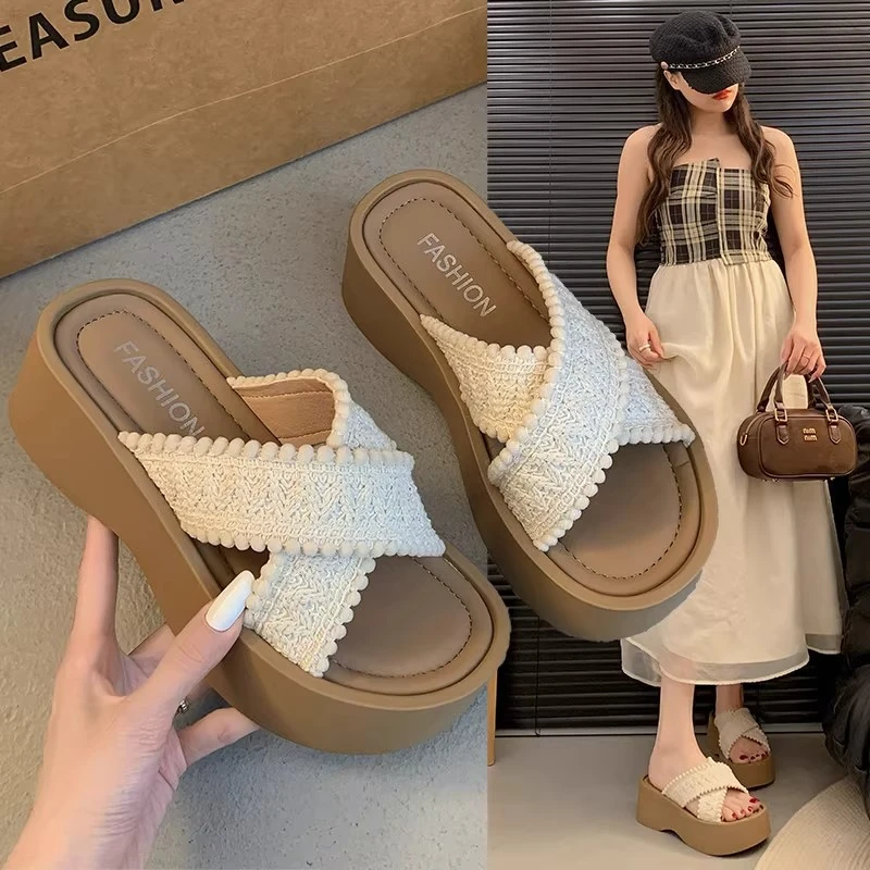 松糕厚底交叉带拖鞋女夏外穿2025新款百搭增高波西米亚沙滩凉拖鞋