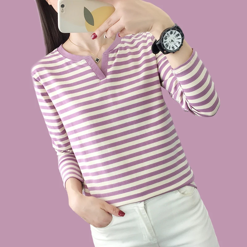 棉质条纹长袖t恤女装今年新款早秋上衣服中年妈妈宽松大码打底衫