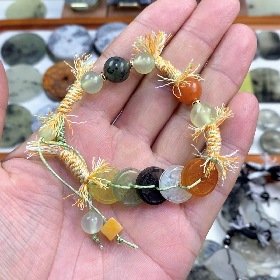 岫玉未镶嵌颈饰岫玉五帝钱手链