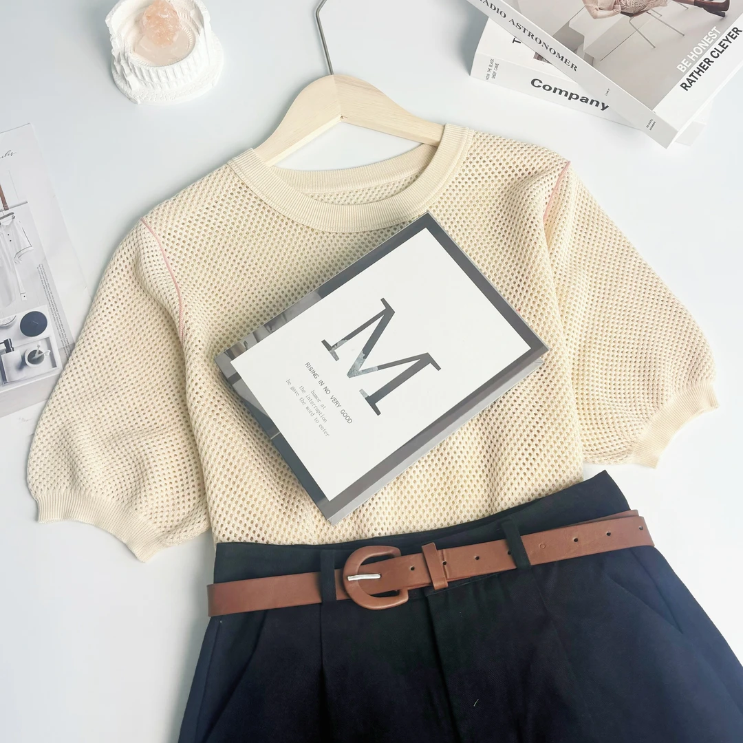 玲姐定制-撞色字母款微镂空罩衫夏季微透针织短袖139321