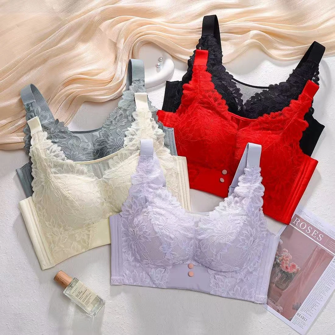 内衣蕾丝聚拢无痕透气薄款大胸显小调整型大码上托舒适性感女士