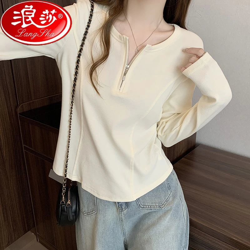 浪莎胖mm大码女装春秋长袖T恤打底衫上衣半拉链洋气宽松休闲上衣