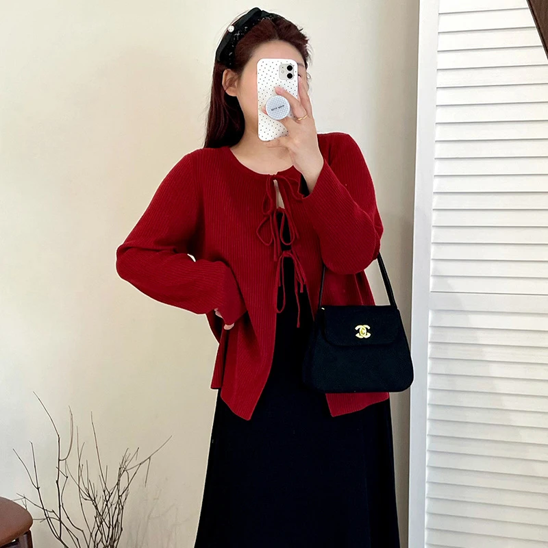 大码女装设计感绑带上衣女针织衫2025秋款胖mm宽松气质开衫23183