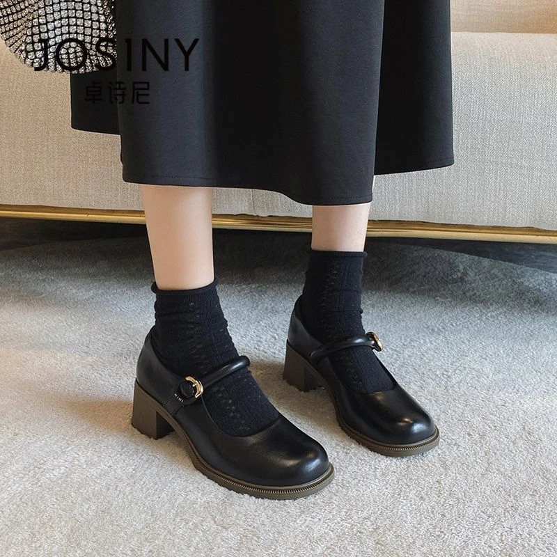 卓诗尼2025春季新款玛丽珍晚晚鞋小皮鞋粗高跟鞋乐福鞋女鞋子单鞋