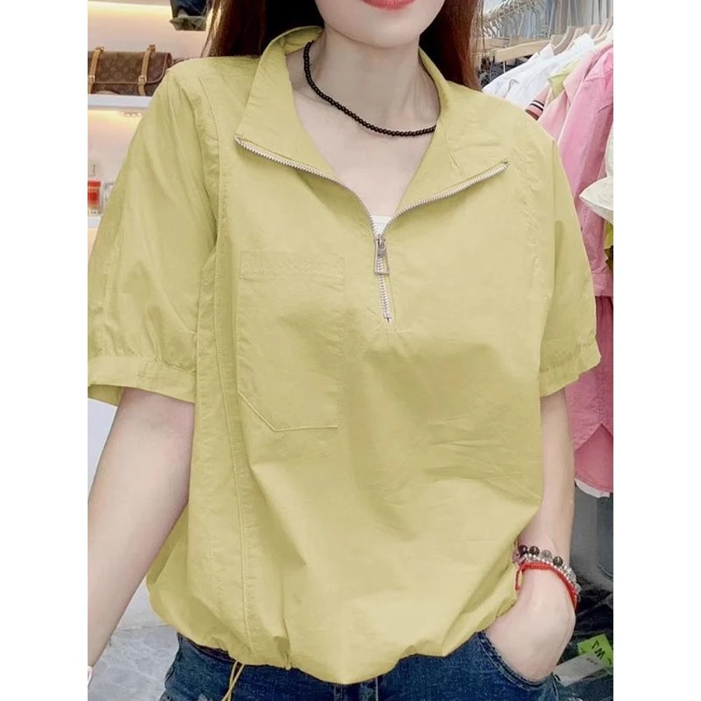 独特设计感拉链半开领短袖衬衣t恤女夏新款减龄小衫薄款衬衫上衣
