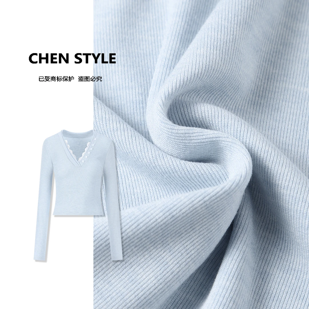 诗诗【甜美氛围】Y61227早春款V领拼接蕾丝纽扣百搭长袖上衣