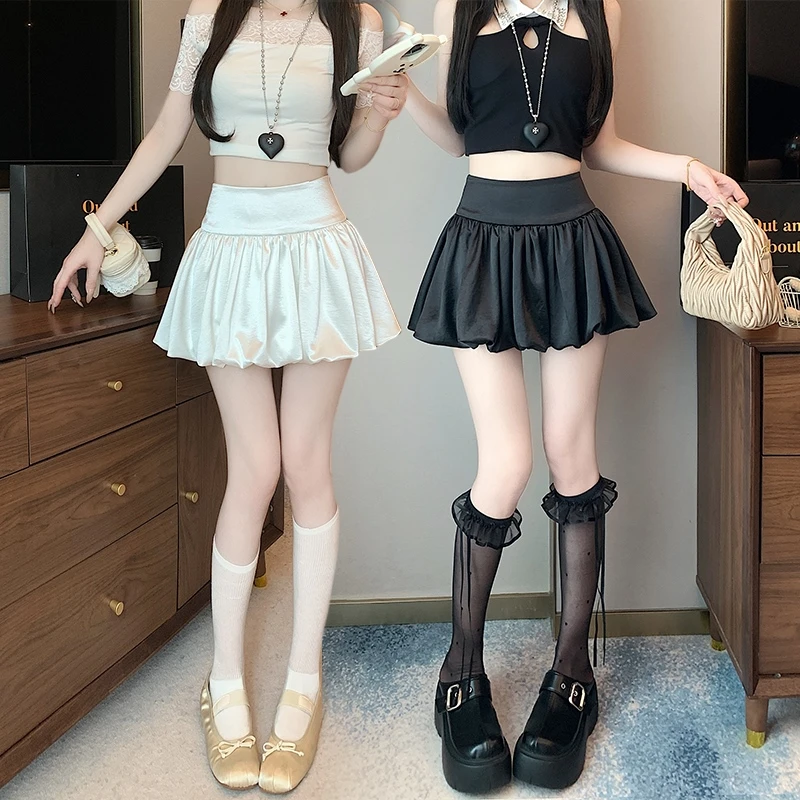 欧若风缎面花苞半身裙纯欲辣妹风高腰显腿长蓬蓬裙防走光百褶短裙