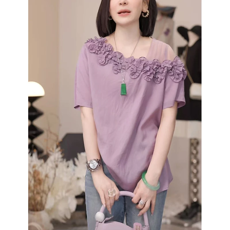 网纱花边斜肩短袖t恤女士2025夏季新款设计感气质小众减龄上衣潮
