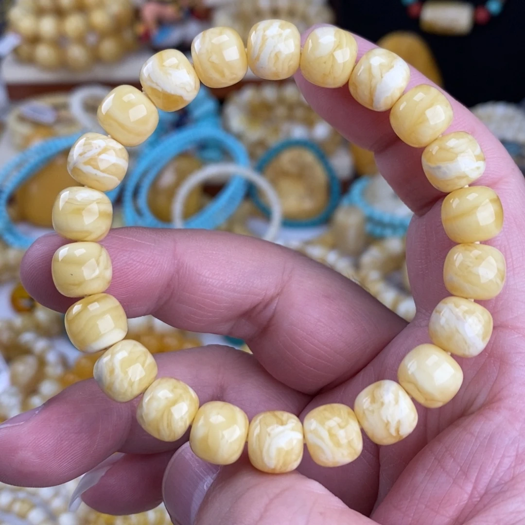 蜜蜡未镶嵌手链瓷白细纹蜡实虎皮纹10mm