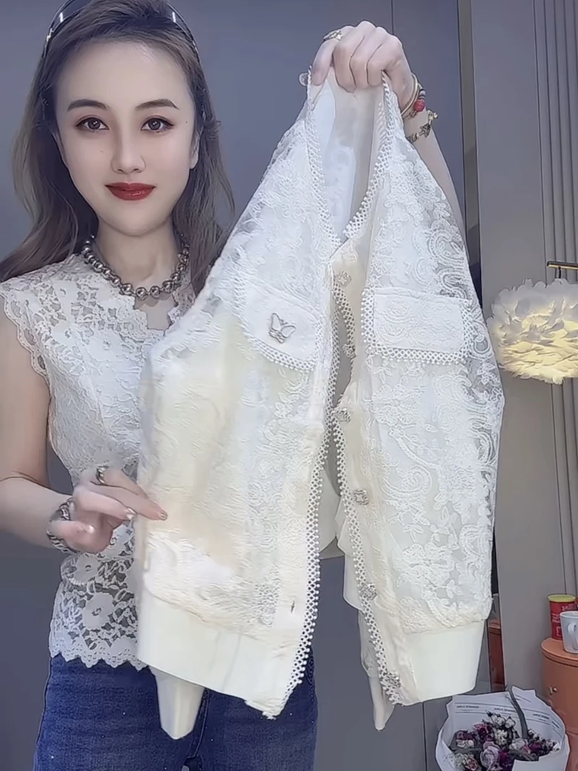 2025春季新款时尚气质女神范高级感蕾丝钩花短外套女宽松显瘦上衣
