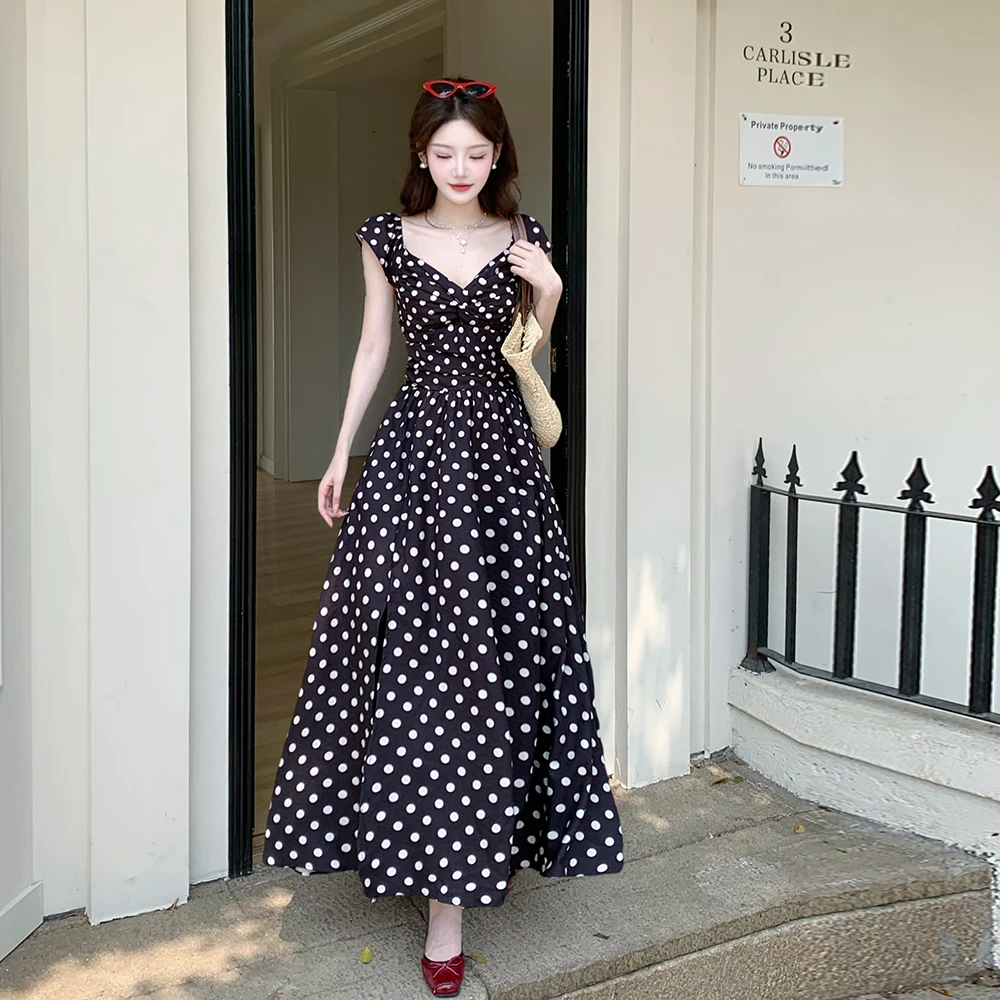 楠茜微胖实拍~大码女装高级感波点连衣裙夏季新款褶皱收腰显瘦气