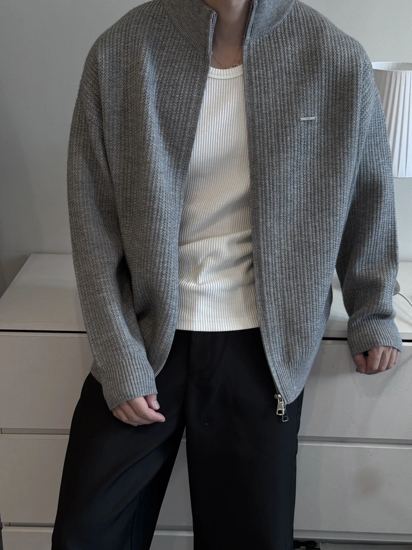 立领开衫毛衣男士春秋针织衫秋季针织纯色拉链灰色