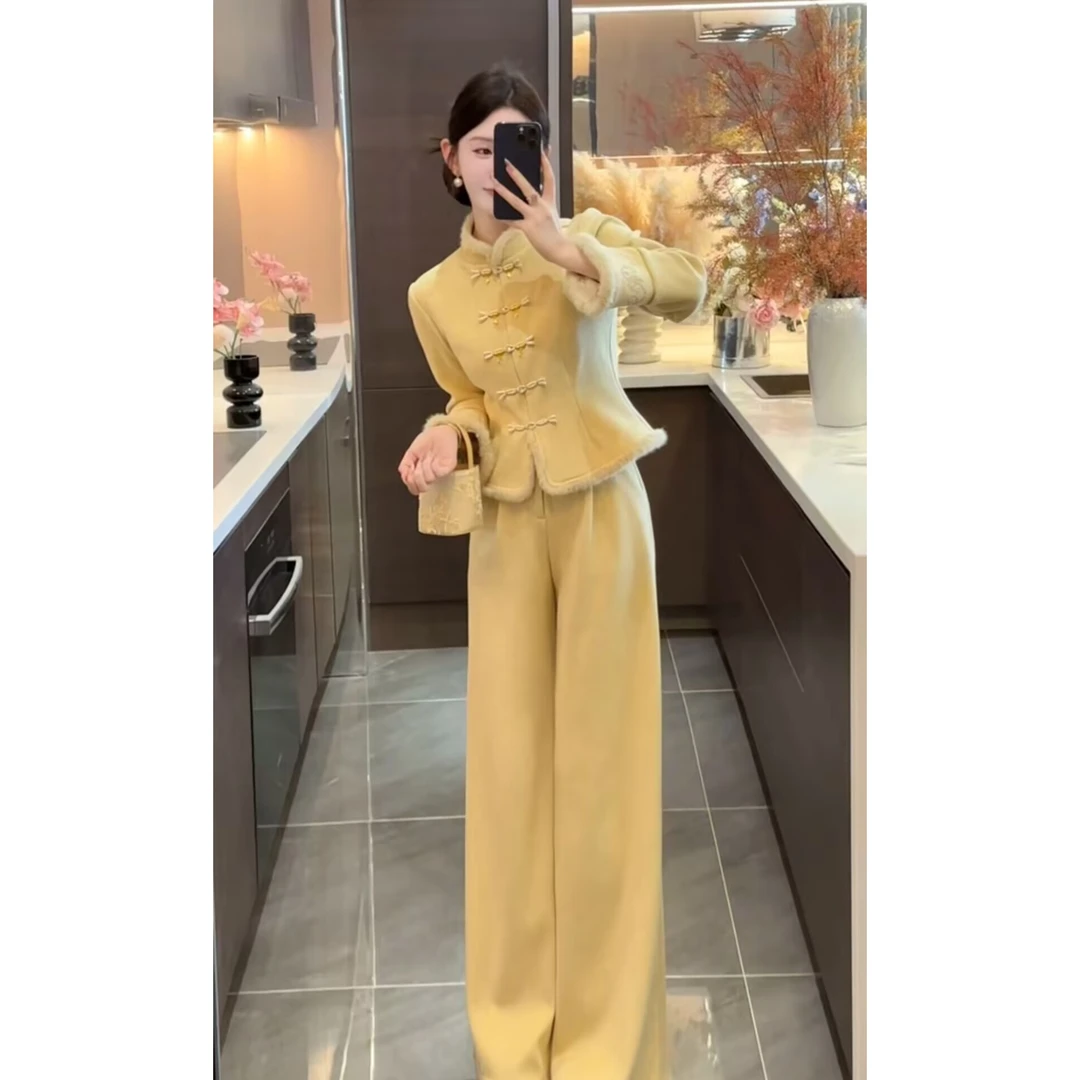 2025加绒时尚套装显瘦冬加厚新中式气质优雅舒适百搭洋气减龄套装